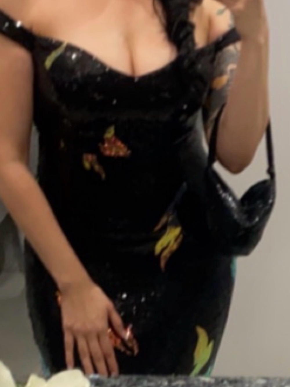 Black Off-Shoulder Sequin Evening Gown with Gold Leaf Accents - Picture 7 of 7